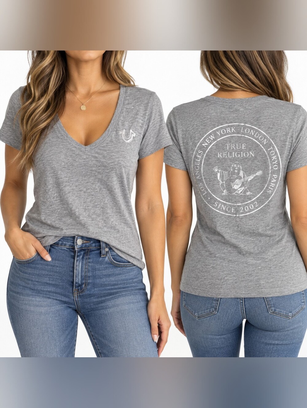 True Religion Womens Medium Gray V Neck Buddha Graphic T Shirt Silver Logo